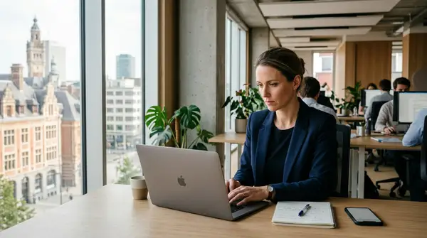 Illustration d'une consultante souriante devant un écran affichant des graphiques de croissance, symbolisant le succès grâce au SEO LinkedIn IA et à l'optimisation de profil pour les prospects B2B.