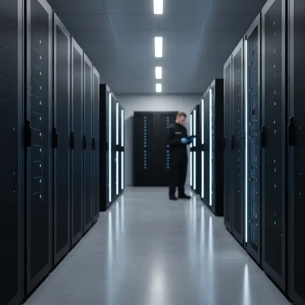 Illustration d'un serveur IA local sécurisé dans un datacenter, symbolisant la souveraineté numérique d'une PME comme AeroData.