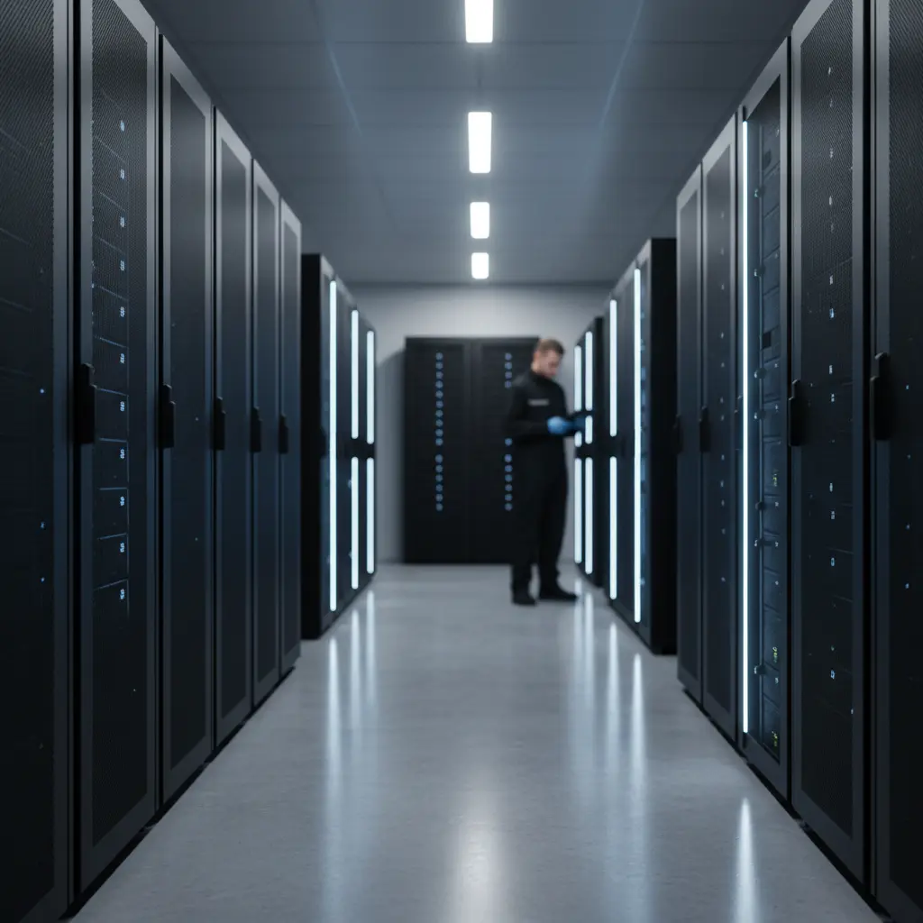 Illustration d'un serveur IA local sécurisé dans un datacenter, symbolisant la souveraineté numérique d'une PME comme AeroData.