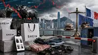 Shein face à la Bourse de Hong Kong et au durcissement réglementaire en France et en Europe, avec vêtements, colis de mode, marchés financiers et symboles de contrôle européen illustrant la pression sur le modèle économique de l’ultra-fast fashion.