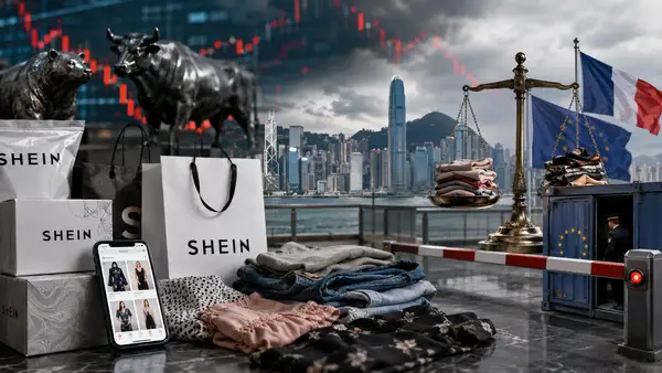 Shein face à la Bourse de Hong Kong et au durcissement réglementaire en France et en Europe, avec vêtements, colis de mode, marchés financiers et symboles de contrôle européen illustrant la pression sur le modèle économique de l’ultra-fast fashion.