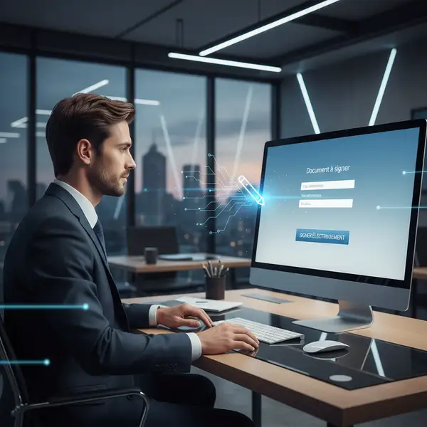 Entrepreneur français utilisant la signature électronique pour valider un document, comparatif Yousign DocuSign Universign pour PME en 2026