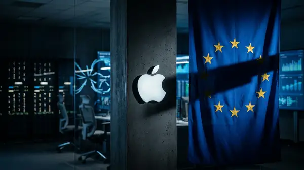 Tim Cook face au logo de la Commission européenne illustrant Siri AI bloqué en Europe.