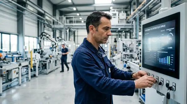Illustration d'une usine moderne avec des panneaux solaires et un graphique de réduction de consommation, symbolisant la sobriété énergétique PME et l'innovation industrielle.