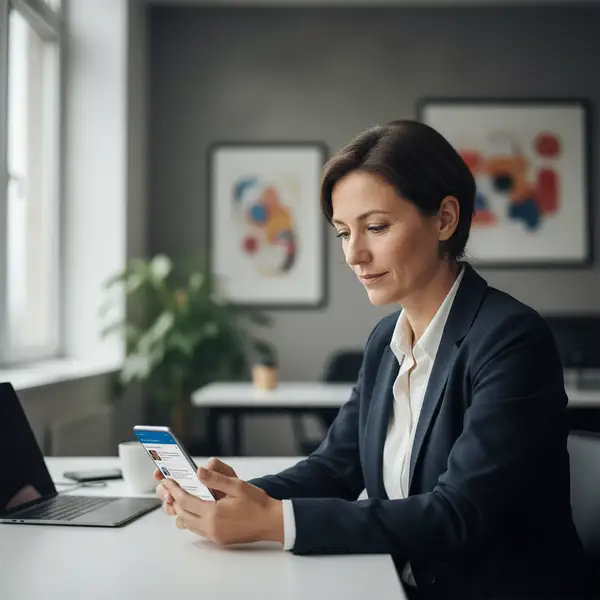 Un dirigeant de PME souriant utilisant un ordinateur portable, symbolisant le succès du social selling LinkedIn en 2026.