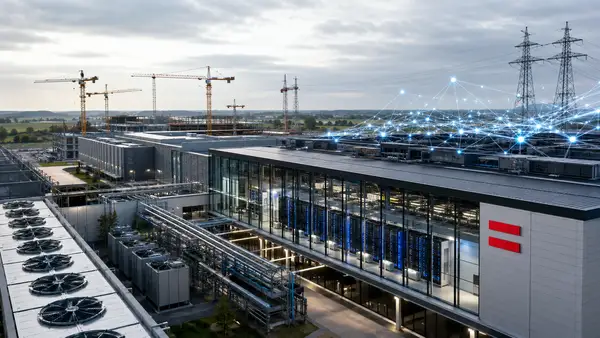 Vue réaliste d’un vaste campus de data centers IA en construction en France, avec serveurs visibles, infrastructures électriques, câbles réseau et marque SoftBank stylisée, illustrant l’investissement massif de SoftBank jusqu’à 75 milliards d’euros dans l’intelligence artificielle et les infrastructures de calcul.
