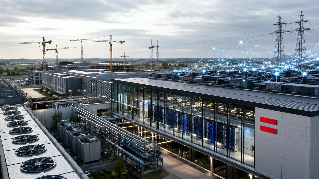 Vue réaliste d’un vaste campus de data centers IA en construction en France, avec serveurs visibles, infrastructures électriques, câbles réseau et marque SoftBank stylisée, illustrant l’investissement massif de SoftBank jusqu’à 75 milliards d’euros dans l’intelligence artificielle et les infrastructures de calcul.