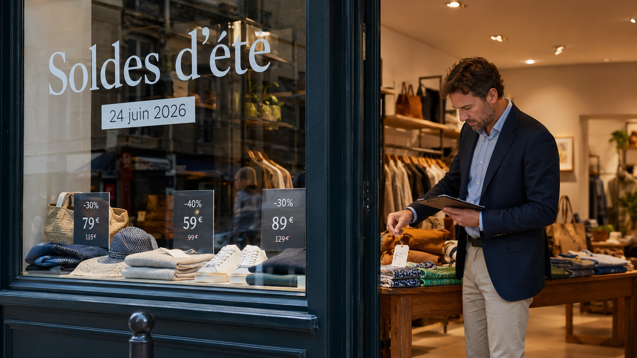 Vitrine d’une boutique française affichant les soldes d’été 2026, avec des prix barrés et un commerçant vérifiant les étiquettes de produits.