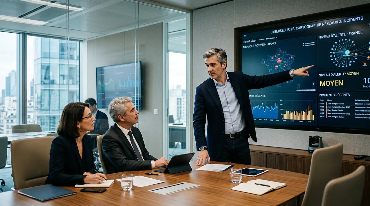 Un DSI en pleine réflexion devant un tableau de bord numérique complexe, symbolisant la Souveraineté numérique et la prise de décision stratégique.