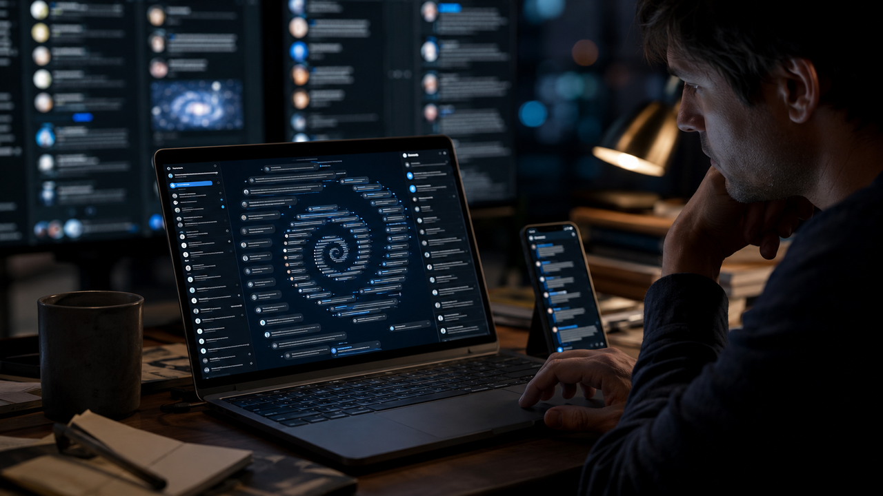 Une spirale composée de conversations relie un utilisateur à plusieurs interfaces d’intelligence artificielle.