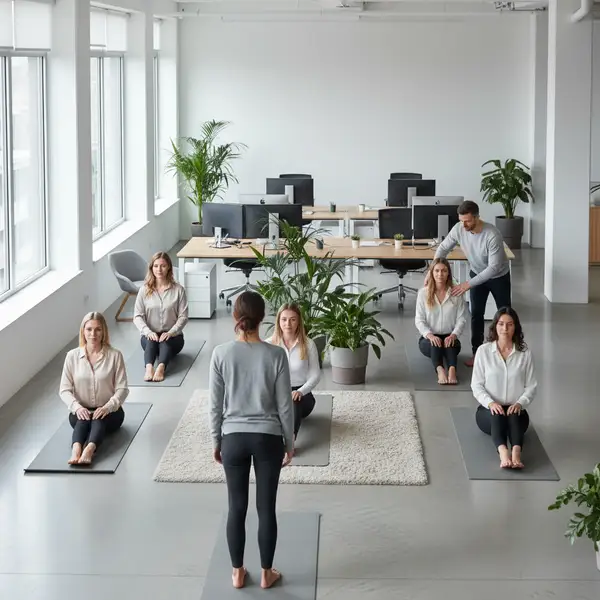 Dirigeant de PME souriant, entouré de collaborateurs dynamiques pratiquant une activité physique en entreprise, illustrant le sport entreprise avantage fiscal et le ROI mesurable.