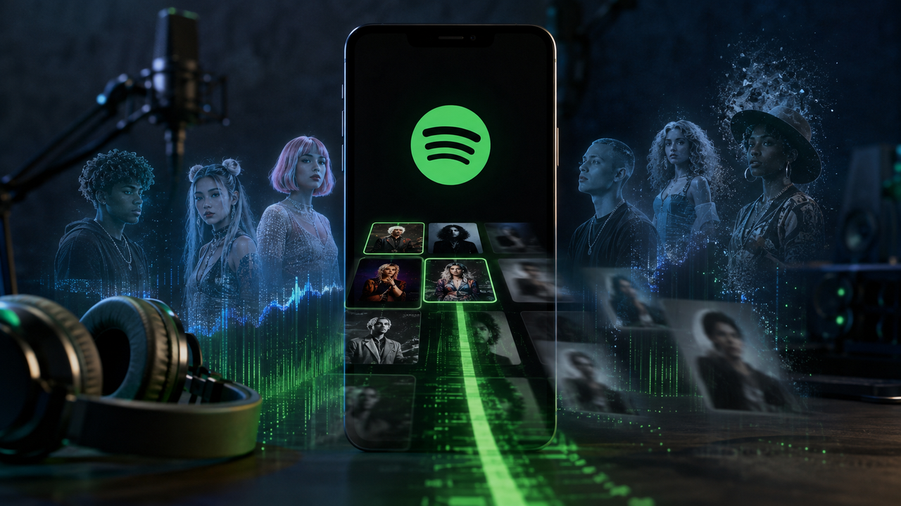 Logo Spotify entouré d’artistes virtuels générés par intelligence artificielle.