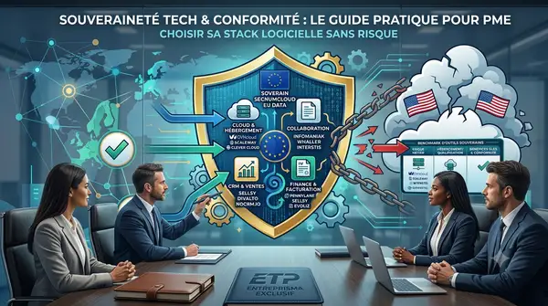 Illustration éditoriale d'une réunion de direction stratégique de PME portant sur la souveraineté technologique et la conformité. Autour d'une table de salle de conférence, quatre dirigeants et experts (deux femmes et deux hommes) examinent une infographie interactive complexe affichée sur un écran mural transparent géant. L'infographie, intitulée « SOUVERAINETÉ TECH & CONFORMITÉ : LE GUIDE PRATIQUE POUR PME », présente au centre un grand bouclier doré orné du drapeau européen. Ce bouclier protège une sélection d'alternatives logicielles françaises et européennes (SaaS) réparties par brique métier : « CLOUD & HÉBERGEMENT » (OVHcloud, Scaleway, Clever Cloud), « CRM & VENTES » (Sellsy, Divalto, NoCRM.io), « COLLABORATION » (Infomaniak, Whaller, Interstis), et « FINANCE & FACTURATION » (Pennylane, Sellsy, Evoliz). Des flèches bleues indiquent un flux de données sécurisé vers ces outils. À droite de l'écran, un nuage d'orage aux couleurs des drapeaux américains, symbolisant les risques de dépendance et d'extraterritorialité (Cloud Act), est enchaîné et bloqué par des flèches rouges. Une grille de « BENCHMARK D'OUTILS SOUVERAINS » est également visible, évaluant les critères de conformité et de qualification. Un expert en costume au premier plan pointe du doigt la catégorie CRM. Sur la table, un carnet est gravé du logo « ETP ENTREPRISMA EXCLUSIF ». L'image illustre visuellement la démarche de migration d'une stack logicielle pour PME vers des solutions souveraines afin d'assurer la conformité réglementaire (RGPD, NIS2, AI Act) et la sécurité des données.