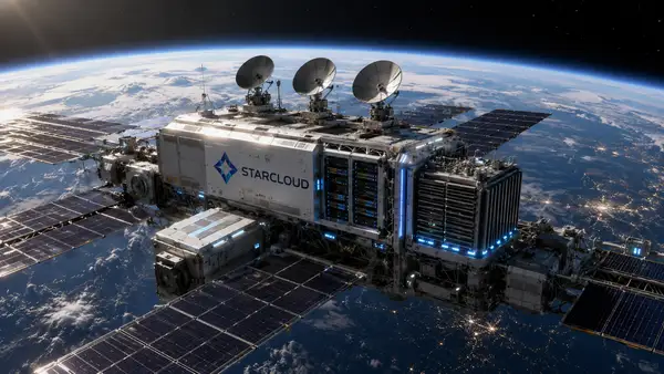 Illustration réaliste d’un data center spatial Starcloud en orbite autour de la Terre, équipé de panneaux solaires, d’antennes et de modules de calcul évoquant des serveurs et GPU, pour illustrer la levée de 250 millions de dollars annoncée par la startup et son projet d’infrastructures IA orbitales.