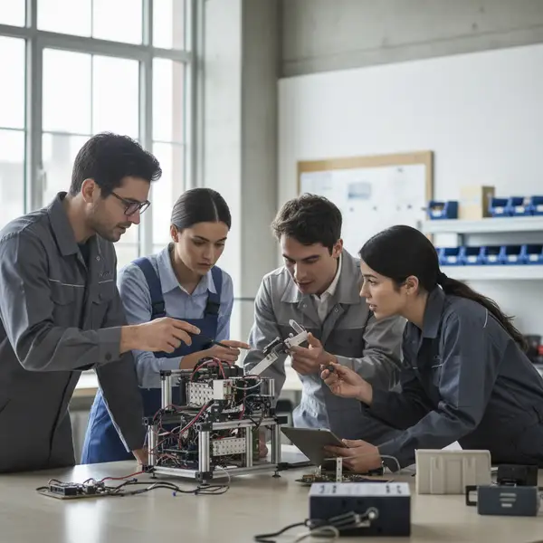 Illustration d'un écosystème universitaire dynamique avec des étudiants et des professionnels collaborant autour d'idées innovantes, symbolisant l'émergence des startup studios universitaires en France.