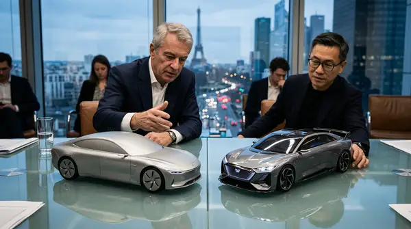 Illustration de la collaboration entre Stellantis et DongDeng, symbolisant une co-entreprise automobile mondiale et stratégique.