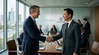 Logo Stellantis et Dongfeng entrelacés, symbolisant leur alliance stratégique dans l'industrie automobile, avec des véhicules électriques en arrière-plan.