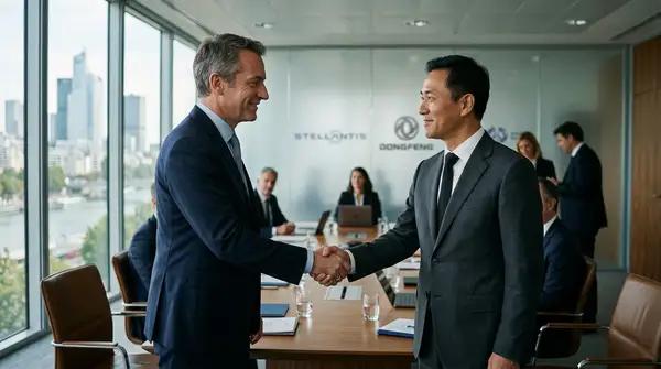 Logo Stellantis et Dongfeng entrelacés, symbolisant leur alliance stratégique dans l'industrie automobile, avec des véhicules électriques en arrière-plan.