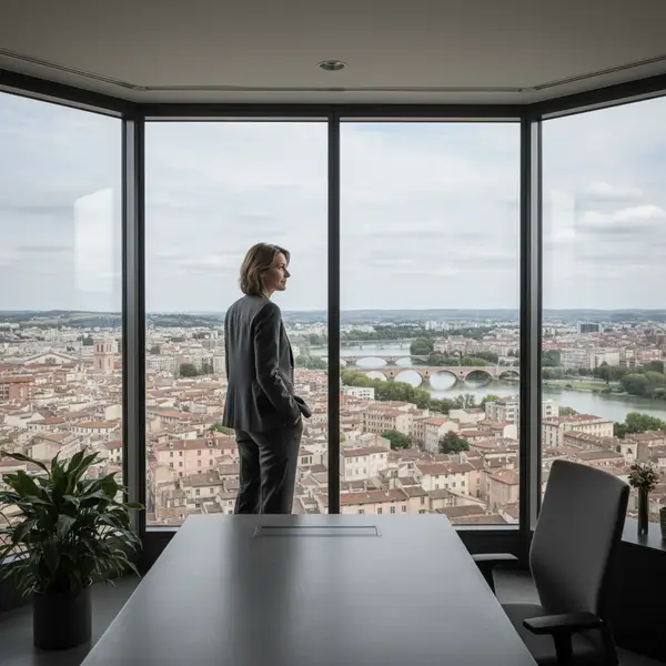 Un dirigeant d'entreprise serein, inspiré par le stoïcisme, naviguant avec calme dans un environnement entrepreneurial turbulent, symbolisant la résilience du dirigeant.
