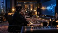 Une productrice musicale travaille au casque dans un studio face à une interface de création sonore par intelligence artificielle affichant des ondes bleues et dorées.