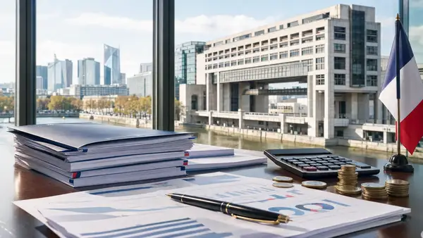 Documents budgétaires, calculatrice, pièces en euros et drapeau français devant Bercy, illustrant la prolongation de la surtaxe des grands groupes en 2027 et la pression fiscale sur les grandes entreprises.