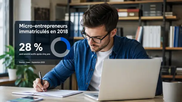Un micro-entrepreneur travaille sur son ordinateur, accompagné d’un graphique indiquant que 28 % restent actifs après cinq ans.