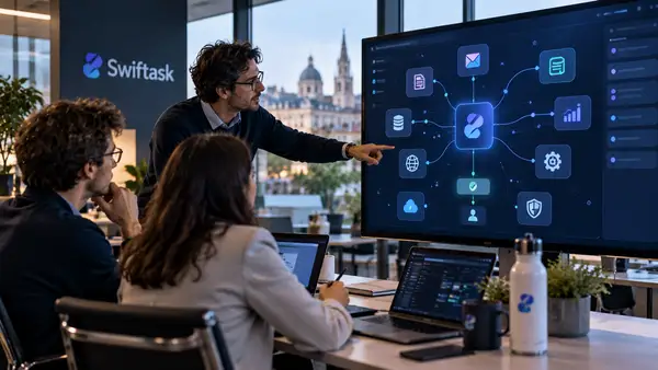 Illustration de Swiftask et de sa plateforme d’agents IA en entreprise, permettant de créer, orchestrer et gouverner des intelligences artificielles autonomes après une levée de fonds de 1,55 million d’euros.
