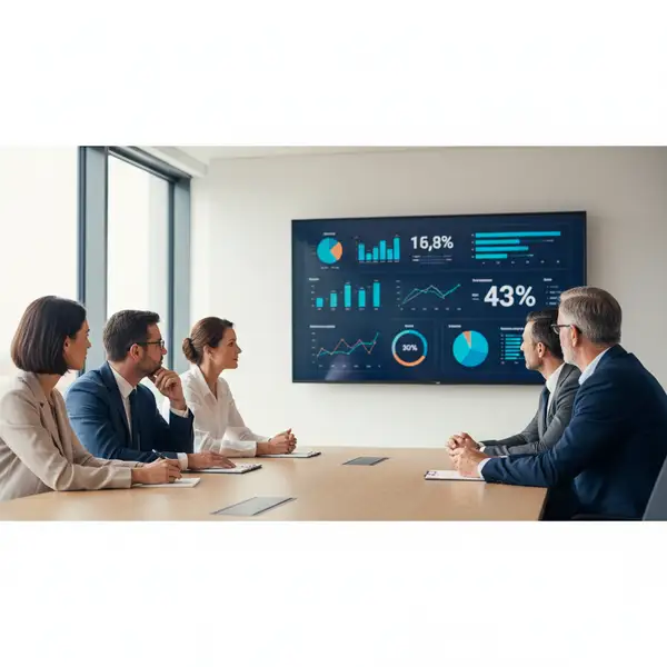 Dirigeant de PME souriant et organisé, utilisant un tableau de bord clair pour son système d'exploitation hebdomadaire, symbolisant la maîtrise et la sérénité.