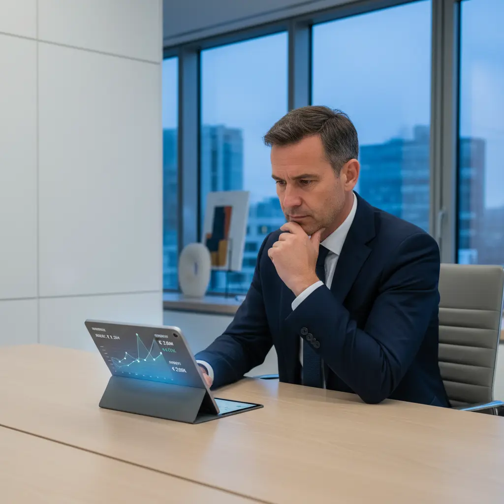 Dirigeant de PME consultant un tableau de bord financier avec les 8 KPI essentiels pour une gestion hebdomadaire efficace.