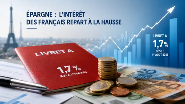 Livret A à 1,7 %, pièces et billets en euros devant un graphique d’épargne en hausse.