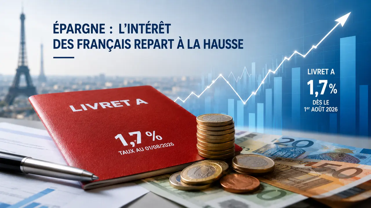 Livret A à 1,7 %, pièces et billets en euros devant un graphique d’épargne en hausse.