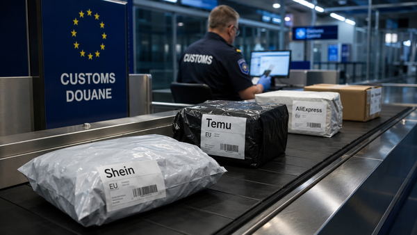 Colis e-commerce Shein, Temu et AliExpress contrôlés sur un tapis de douane européen, illustrant la nouvelle taxe de 3 € sur les petits colis importés hors Union européenne.
