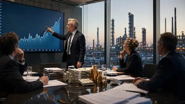 Illustration conceptuelle de la fiscalité des entreprises, avec des graphiques financiers et des symboles monétaires, représentant l'impact d'une taxe sur les superprofits.