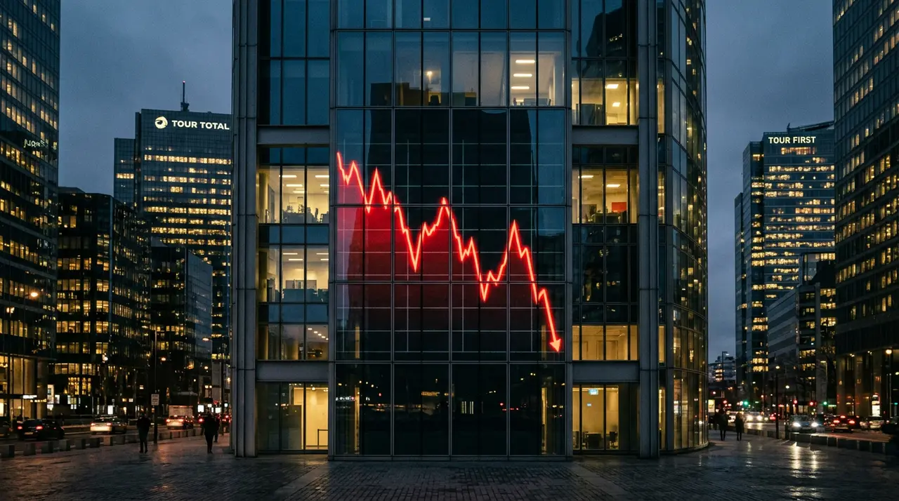 Graphique illustrant une chute de valorisation boursière avec le logo Tehtris en arrière-plan, symbolisant les défis de l'hypercroissance et la nécessité d'une stratégie de croissance résiliente.