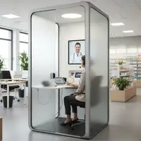 Une cabine de téléconsultation moderne avec un écran affichant un médecin, symbolisant l'essor du marché B2B de la téléconsultation et des cabines de santé connectées en France.