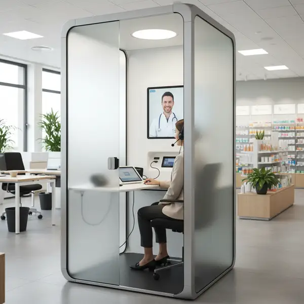 Une cabine de téléconsultation moderne avec un écran affichant un médecin, symbolisant l'essor du marché B2B de la téléconsultation et des cabines de santé connectées en France.