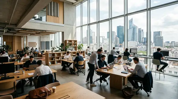 Espaces de coworking modernes et flexibles pour le Télétravail Pennylane, nouveau modèle de bureau hybride.