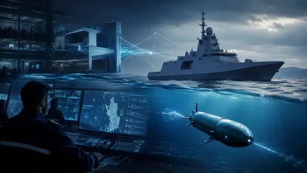 Centre de commandement naval illustrant le rachat d’Exail par Thales et l’essor des drones sous-marins dans la défense française.