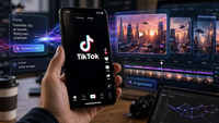 Smartphone affichant le logo TikTok entouré d’interfaces de génération vidéo par IA, symbolisant l’intégration de l’intelligence artificielle dans la création de contenus courts.