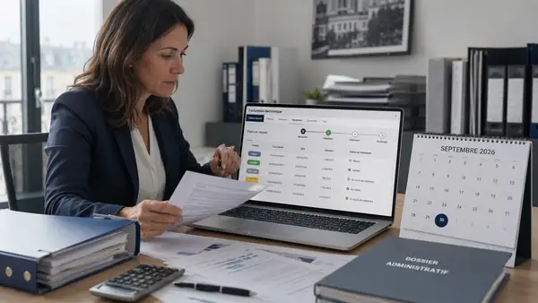 Responsable administrative d’une PME consultant une plateforme de facturation électronique sur ordinateur, entourée de documents comptables et d’un calendrier affichant septembre 2026.