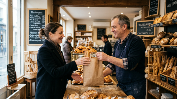 Commerçant préparant un panier surprise Too Good To Go pour réduire le gaspillage alimentaire.