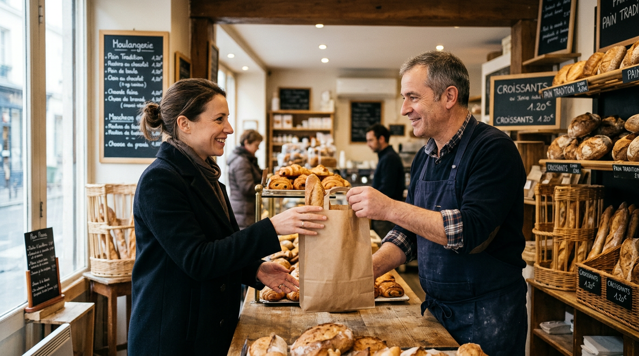 Commerçant préparant un panier surprise Too Good To Go pour réduire le gaspillage alimentaire.