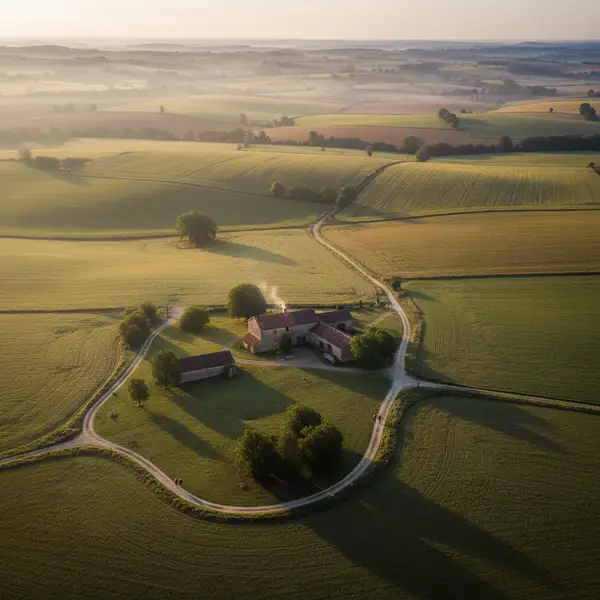 Paysage rural français illustrant le tourisme durable en 2026, avec des fermes et artisans locaux.