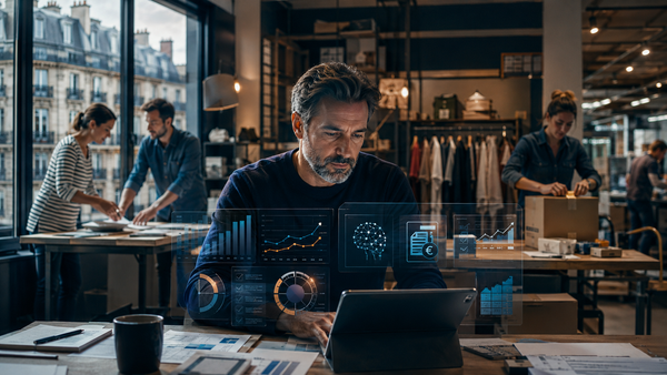 Un dirigeant de TPE-PME analyse ses données d’activité dans un environnement professionnel en pleine transformation numérique.