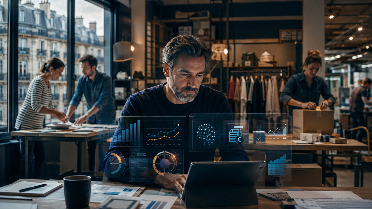 Un dirigeant de TPE-PME analyse ses données d’activité dans un environnement professionnel en pleine transformation numérique.
