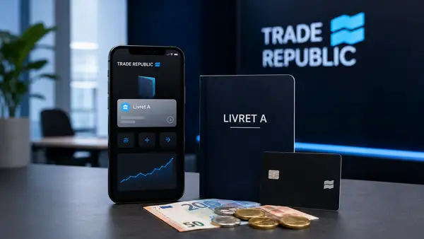 Visuel éditorial en format 16:9 montrant un smartphone affichant une interface Trade Republic avec une mention Livret A, posé sur un bureau aux côtés d’un carnet bleu « Livret A », d’une carte bancaire noire, de billets et de pièces en euros. En arrière-plan, le logo Trade Republic apparaît sur un écran sombre, illustrant le lancement du Livret A par la fintech allemande en partenariat avec AXA Banque sur le marché français de l’épargne réglementée.