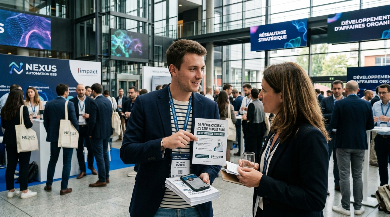 Une photographie de reportage réaliste prise au niveau des yeux montre un jeune homme et une femme d'affaires engaged dans une discussion lors d'une conférence B2B animée dans un grand hall d'exposition moderne. Le jeune homme, à gauche, portant un blazer bleu sur une chemise rayée et un badge autour du cou (avec le logo « impact » et le nom « THOMAS DUBOIS »), tient une pile de tracts et un smartphone dans sa main gauche, tandis que de sa main droite il tient et montre un tract intitulé en grand caractère gras : « COMMENT TROUVER SES 10 PREMIERS CLIENTS B2B SANS BUDGET PUBLICITAIRE ? ». Le tract détaille quatre points clés (IDENTIFIER SON CLIENT IDÉAL (ICPS), NETWORKING & RECOMMANDATIONS, CONTENU D'AUTORITÉ (PODCAST), OUTREACH PERSONNALISÉ (LINKEDIN)) avec des icônes et le logo « impact » au bas. La femme à droite, portant un blazer noir et un badge (avec le logo « impact »), regarde attentivement le tract et tient une carte de visite dans sa main. L'arrière-plan est un vaste hall d'exposition avec de hauts plafonds, des structures en acier, des écrans vidéo affichant « RESEAUTAGE STRATÉGIQUE » et « DÉVELOPPEMENT D'AFFAIRES ORGANIE », et une foule de participants en tenue professionnelle déambulant. Une tasse à café se trouve sur une petite table au premier plan à gauche, à côté d'un panneau « ESPACE COACHING - ORGANIC GROWTH ». Le sol est en moquette bleue. L'éclairage est brillant et naturel.