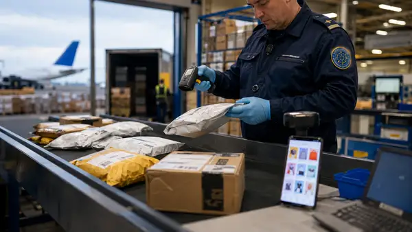 Agent des douanes contrôlant des petits colis e-commerce importés dans un centre logistique européen, illustrant la taxe de 3 euros sur les colis Shein, Temu et AliExpress et ses effets sur les consommateurs et commerçants français.