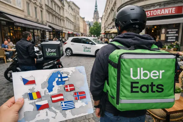 Coursier uber eats dans la rue en Europe avec une carte européenne ou uber va s’installer.