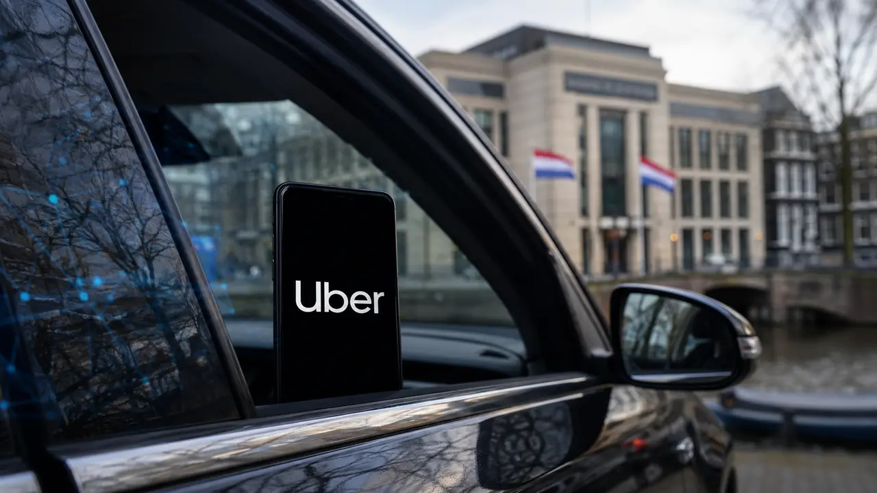 Smartphone affichant le logo Uber dans une voiture, devant un bâtiment officiel aux Pays-Bas avec des drapeaux néerlandais, illustrant l’amende de 825 millions d’euros infligée à Uber pour des décisions automatisées visant des chauffeurs et les enjeux RGPD autour des plateformes numériques.